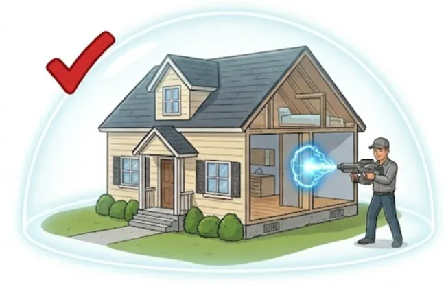 A home sealed under a protective dome while a Hydrex technician treats it with an Electro-Gun