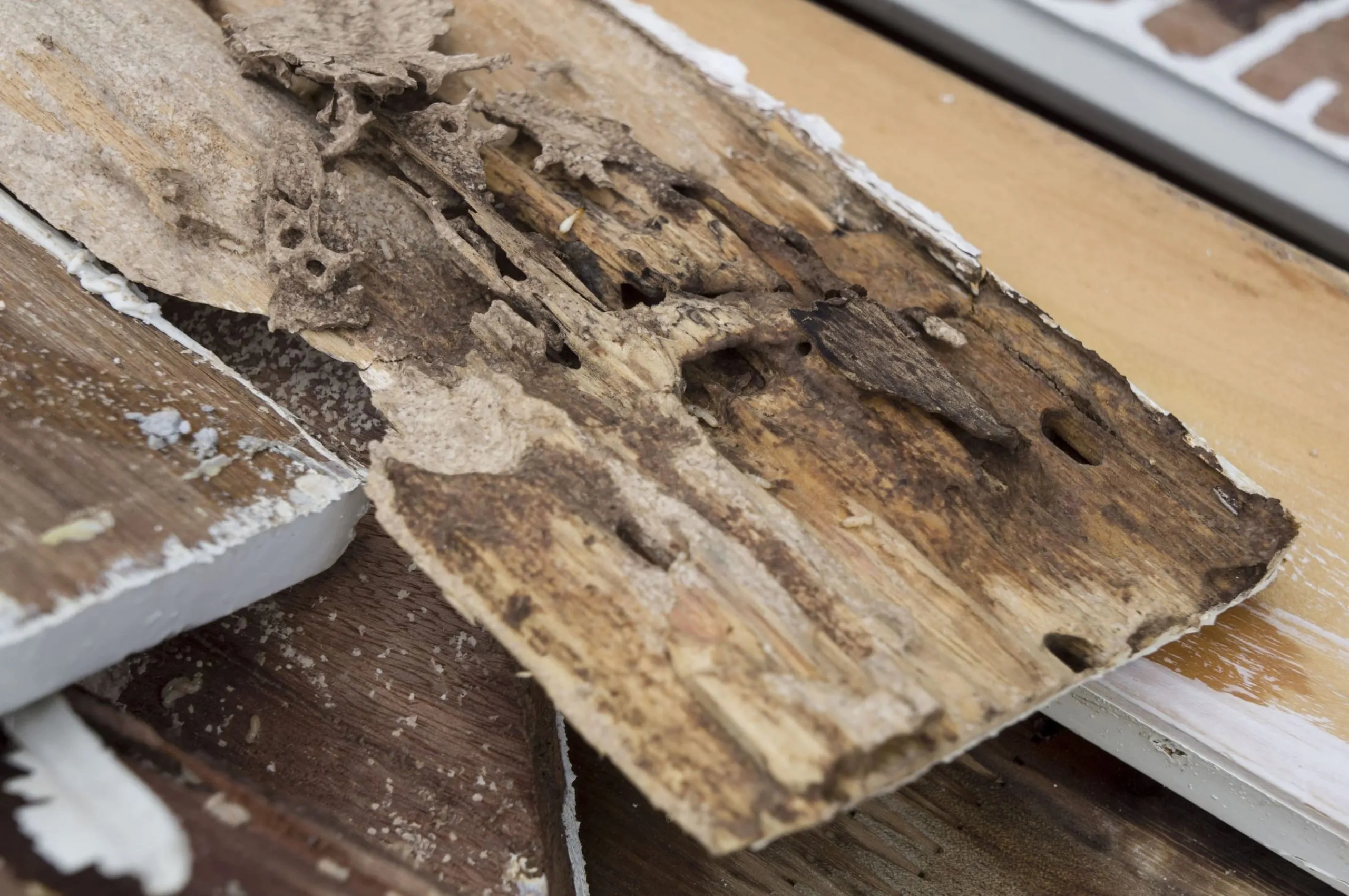 Wood beam hollowed out by termite damage — Hydrex Pest Control San Diego termite service